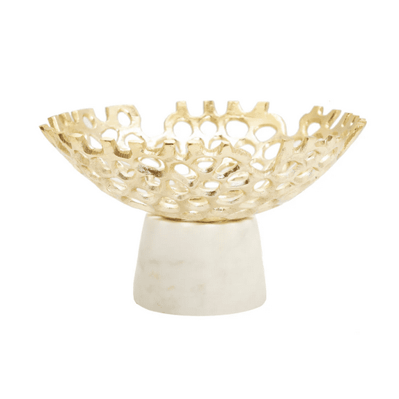Classic Touch Web Design Bowl on Marble Base, 9.5 X 5.5 - White and Gold-Tone