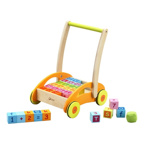 Classic Wood Baby Walker with 30 Block Set - Unisex Gift