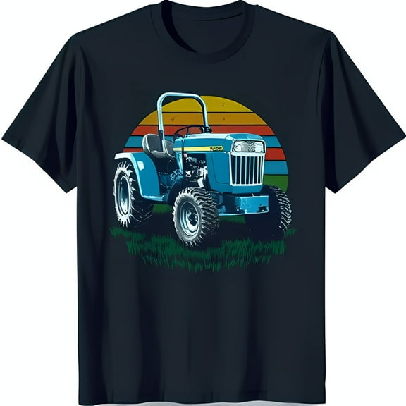 Classic Tractor Graphic on Black T-Shirt Sunset Field Design