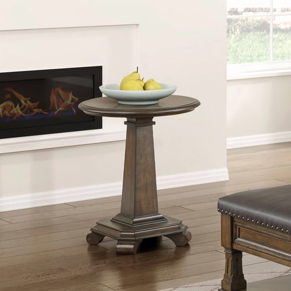 Classic Traditional Brown Round Pedestal End Table | Durable Wood Living Room Furniture | 22" Dia x 26.5" H | Cherry Veneer | Vietnam Origin