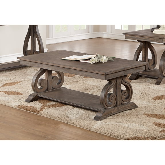 Classic Traditional Cocktail Table With Bottom Shelf Dark Oak Finish Scrolled Base Support 1Pc Wooden Furniture Living Room Coffee Table