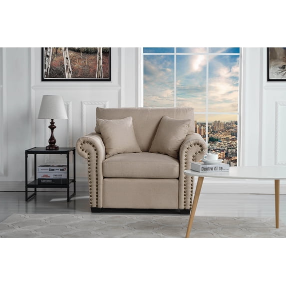 Classic Traditional Linen Living Room Armchair with 2 Accent Pillows, Beige