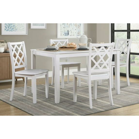 Classic Transitional 5pc Dining Table, Simple and Generous Solid Wood Dining Table, Four Side Chairs Set Lattice Back Pattern, White