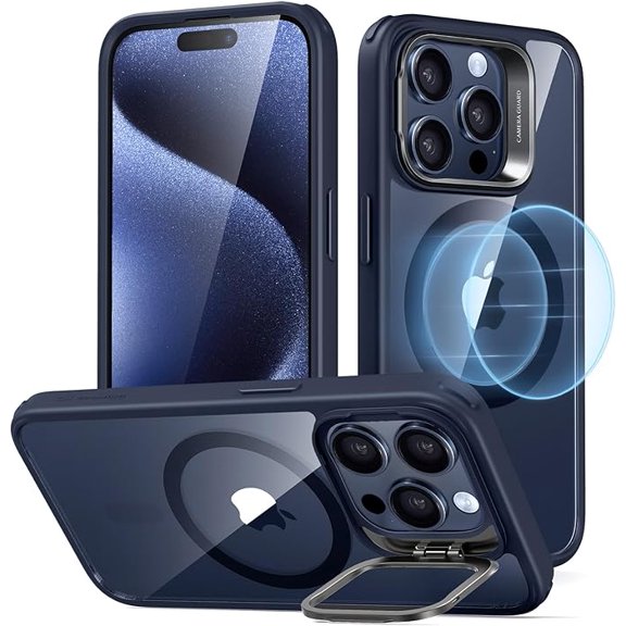 Classic Transparent Dark Blue Case, Military Grade, Scratch-Resistant Stand, for iPhone 15 Pro