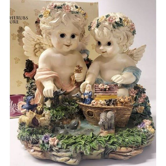 Classic Treasures Twin Cherubs Sculpture Noah's Ark Musical Figurine Plays "I'd Like To Teach The World To Sing"