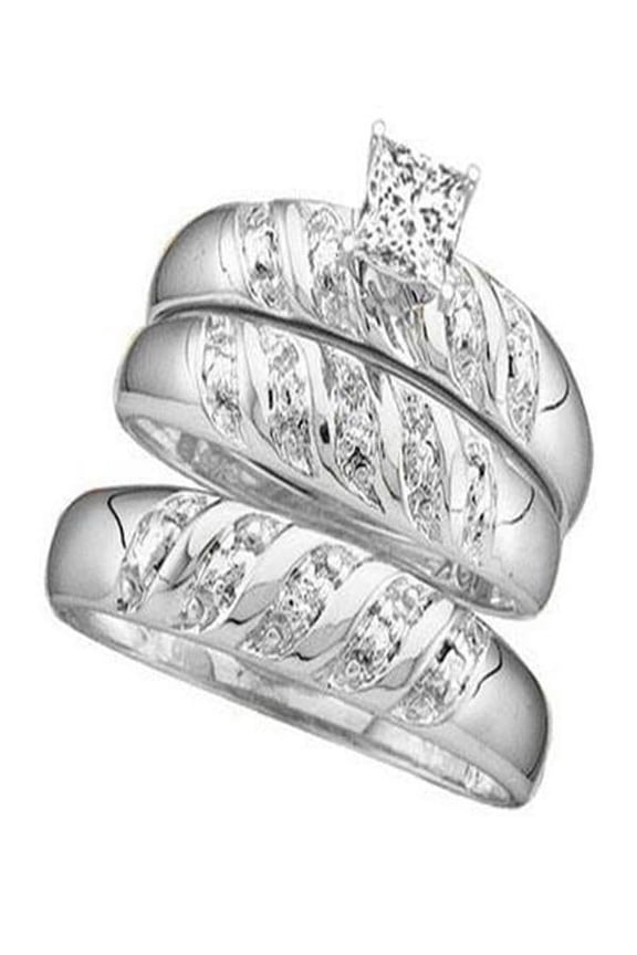 Classic Trio Happy Couples Rings 1 Carat Princess Cut Diamond on Gold