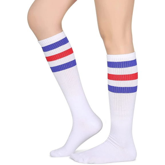 Classic Triple Stripes Over the Calf Cotton Retro Tube Socks for Men and Women-blue/Red/White
