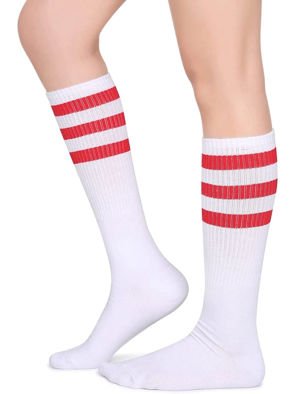 Classic Triple Stripes Over the Calf Cotton Retro Tube Socks for Men and Women,red/White
