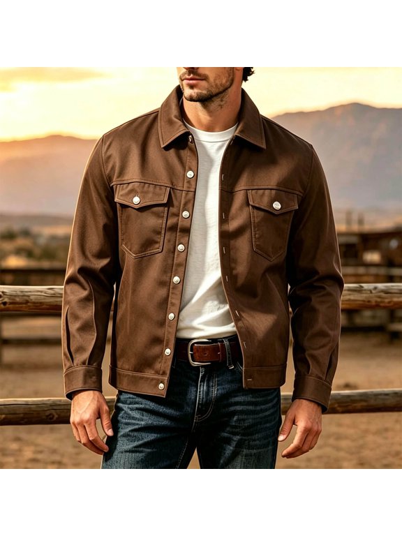 Classic Trucker Jacket for Men Snap-Button Front Chest Pockets Lapel Collar Casual Coat Coffee 3XL