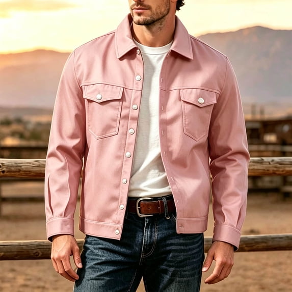 Classic Trucker Jacket for Men Snap-Button Front Chest Pockets Lapel Collar Casual Coat Pink M