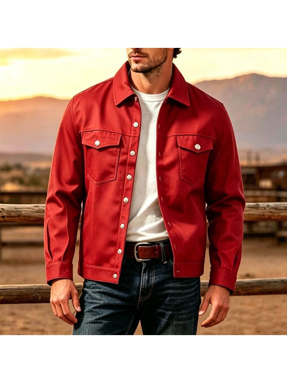 Classic Trucker Jacket for Men Snap-Button Front Chest Pockets Lapel Collar Casual Coat Red S