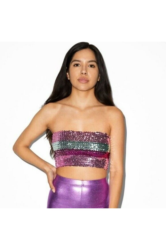 Classic Tube Top Women's Sequin Glitter Strapless Stretchy Crop Top Pink XS-S