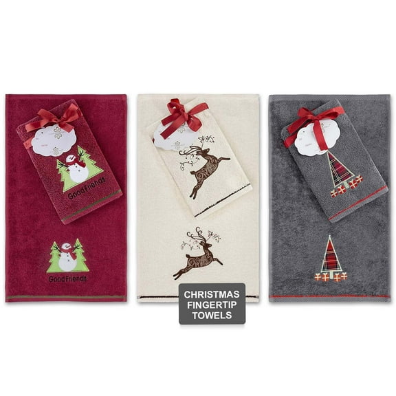 Classic Turkish Towels Christmas Set - 6 Pieces of Cute Embroidered Christmas Fingertip Towels, Fancy Holiday Finger Hand Towels, Seasonal Turkish Combed Cotton Kitchen Towels | Good Friends Set