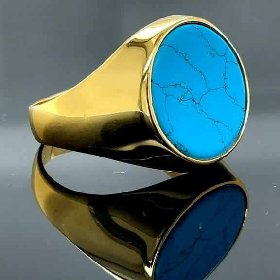 Classic Turquoise Stone Signet Ring , Gold Band Turquoise Ring , Man Signet Rings , Husband Gift , Round Turquoise Ring , 925k Silver