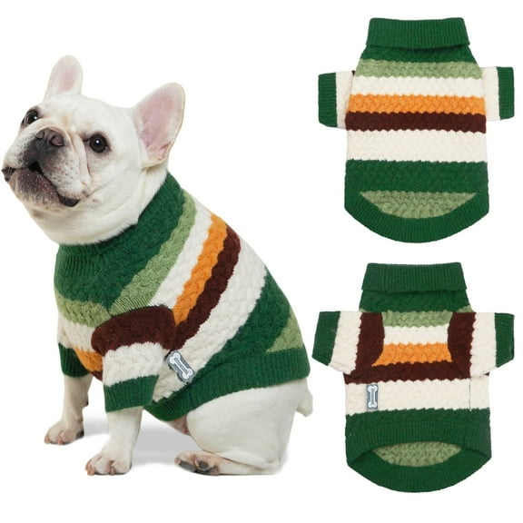 Classic Turtleneck Knitted Striped Dog Sweater, Warm Soft for Winter Christmas, Small/Medium Dogs & Cats - Green, Small