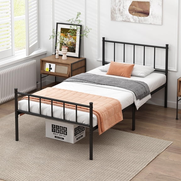 Classic Twin Platform Bed Frame, Durable Steel Slat Mattress Foundation, Underbed Hidden Storage Space, No Box Spring Necessary, Easy Install Design for Small Bedroom & Apartment