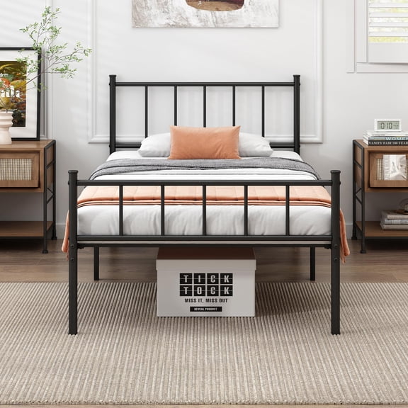 Classic Twin Platform Bed Frame, Durable Steel Slat Mattress Foundation, Underbed Hidden Storage Space, No Box Spring Necessary, Easy Install Design for Small Bedroom & Apartment
