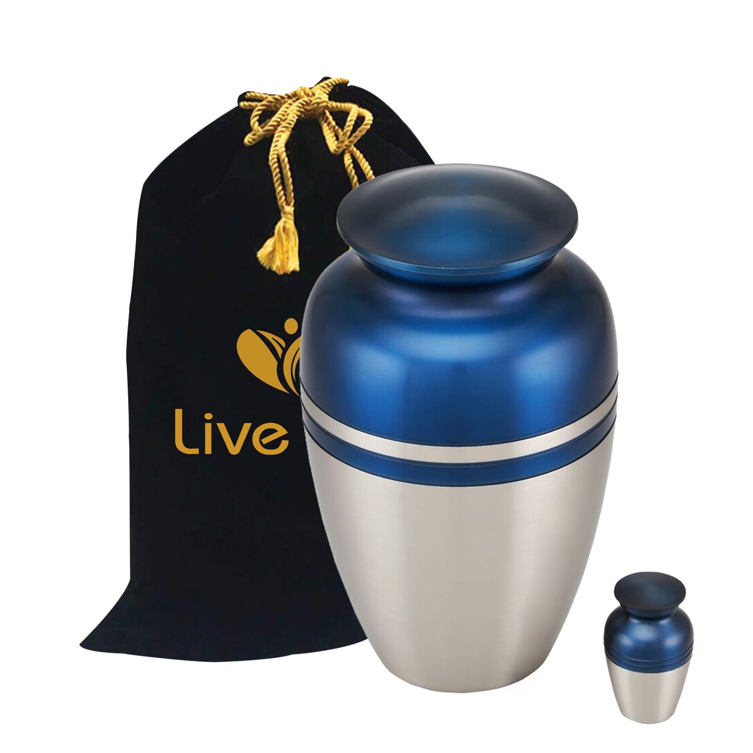 Classic Two Tone Cremation Urn - Adult Funeral Urn - Solid Brass Funeral Urn - Handcrafted Adult Funeral Urn for Ashes -Affordable Urn Deal with Free Bag (Blue Pewter)