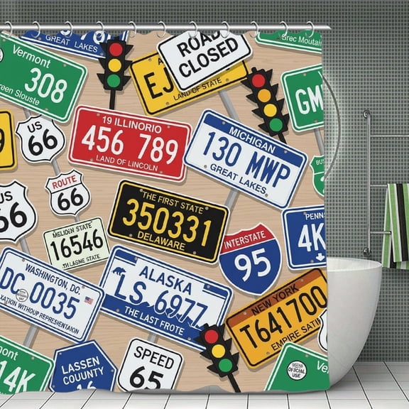 Classic US State License Plate Collage Print Shower Curtain 70.8×70.8Inch,Modern Fabric Waterproof Polyester Bathroom Home Decor Set with Hooks