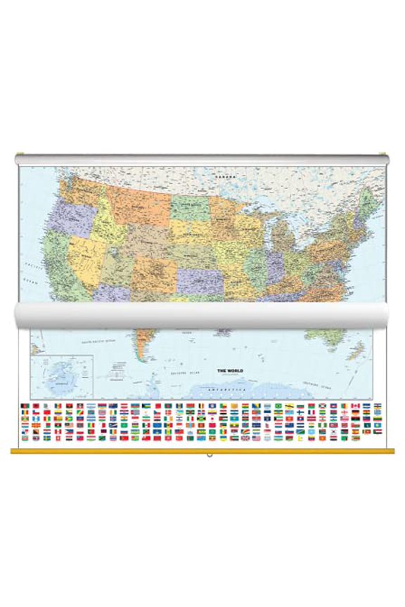 Classic US/World Map with Flags - Classroom Pull Down 2 Map Set