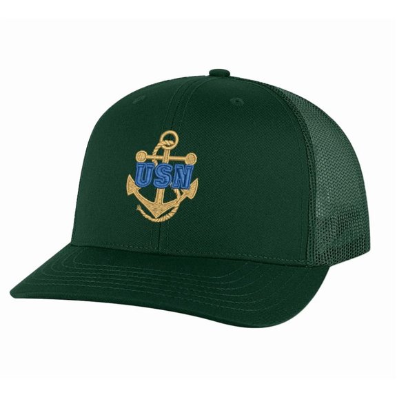 Classic USN Navy Trucker Hat – Embroidered Gold Anchor with Rope Logo, Patriotic Mesh Snapback Cap (AlpineGreen)