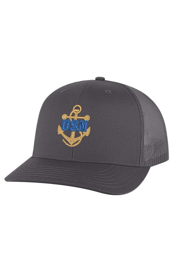 Navy Veteran Cap - USN Military Trucker Hat Embroidered Anchor - US Navy Veteran Ball Caps (Charcoal)
