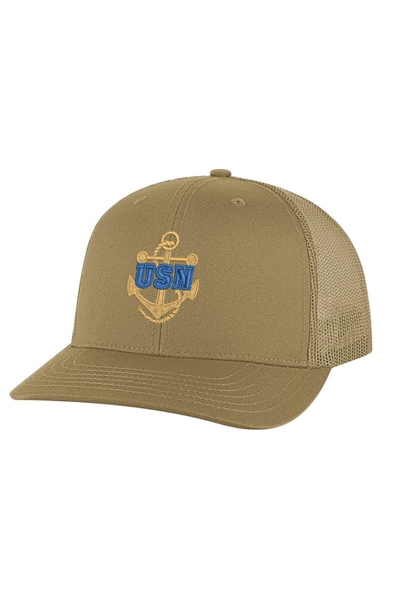 Classic USN Navy Trucker Hat – Embroidered Gold Anchor with Rope Logo, Patriotic Mesh Snapback Cap (CoyoteBrown)