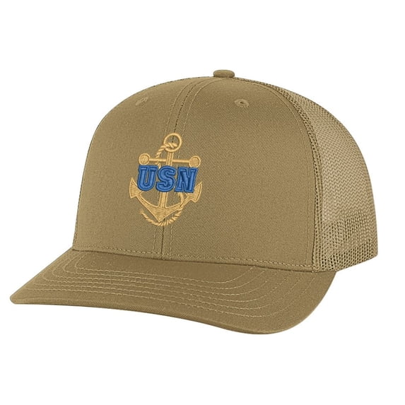 Classic USN Navy Trucker Hat – Embroidered Gold Anchor with Rope Logo, Patriotic Mesh Snapback Cap (CoyoteBrown)