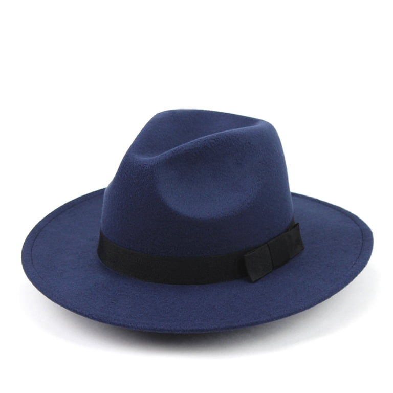 WEAVILUX Fedora For Women Wide Brim Jazz Hat Wool Navy Blue 1Set
