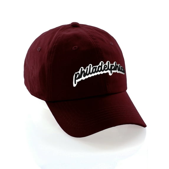 Classic Unstructured USA Cities Baseball Dad Hat 3D Raised PVC Letters Cap, Philadelphia Burgundy, White Black