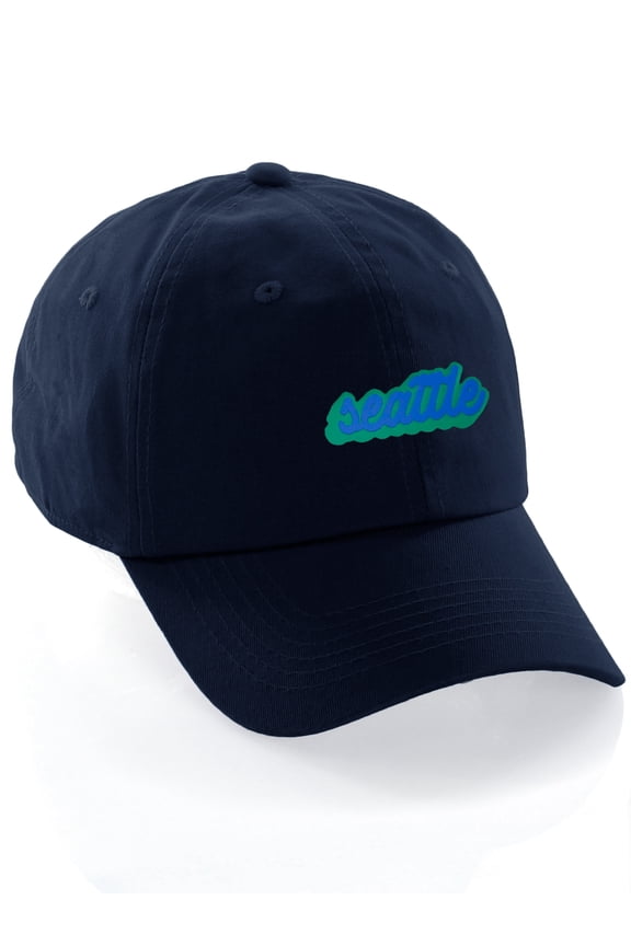Classic Unstructured USA Cities Baseball Dad Hat 3D Raised PVC Letters Cap, Seattle Navy, Green Royal