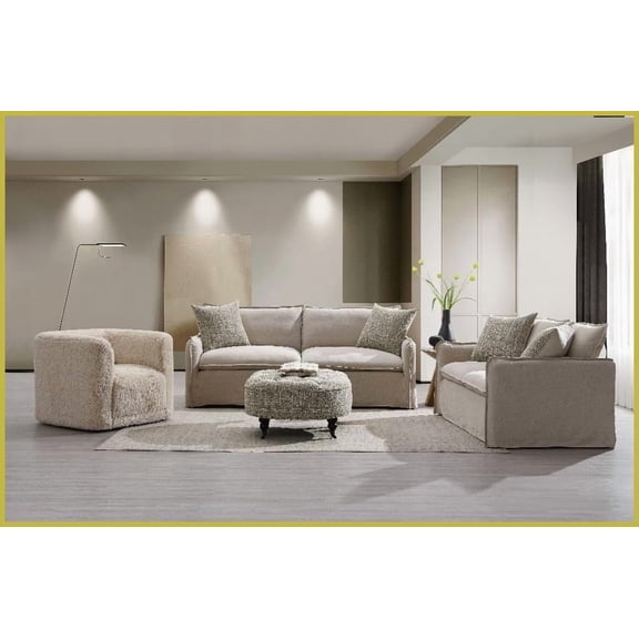 Classic Upendo Pattern Beige Linen 3PCS Living Room Set - Plush Feather-Down Cushions & Removable Covers