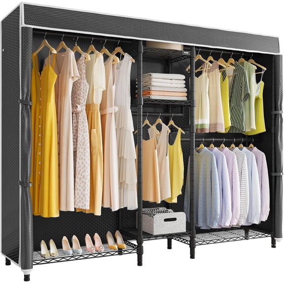 Classic V6C Heavy Duty 5 Tiers Wire Garment Rack Large Size Wardrobe Closet Black Metal Clothing Rack with Black Oxford Fabric Cover, 70.1" L x 17.3" W x 76.4" H, Max Load 870 LBS