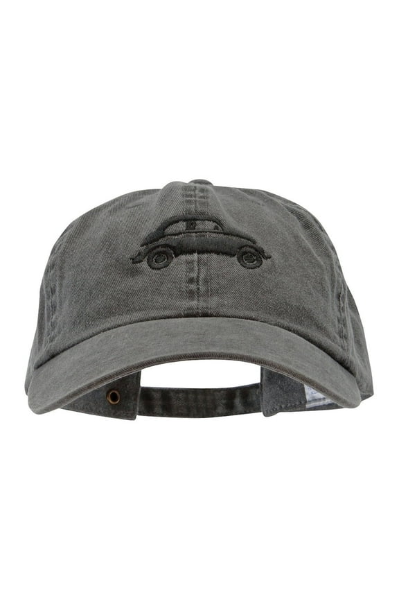 Classic Bug Car Embroidered Washed Solid Pigment Dyed Cotton Twill Brass Buckle Cap - Black OSFM