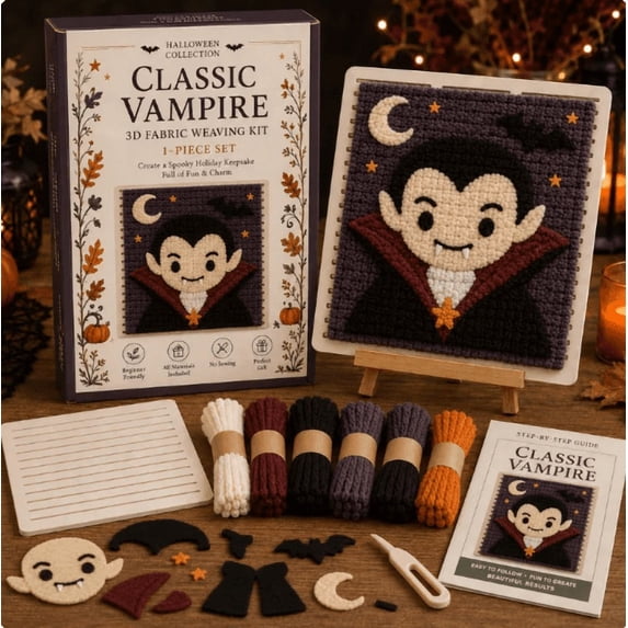 Classic Vampire Halloween Fabric Weaving Kit, Beginner-Friendly Seasonal Craft Kit, Spooky Character Dimensional Fabric Art for Tabletop Display & Holiday Keepsake