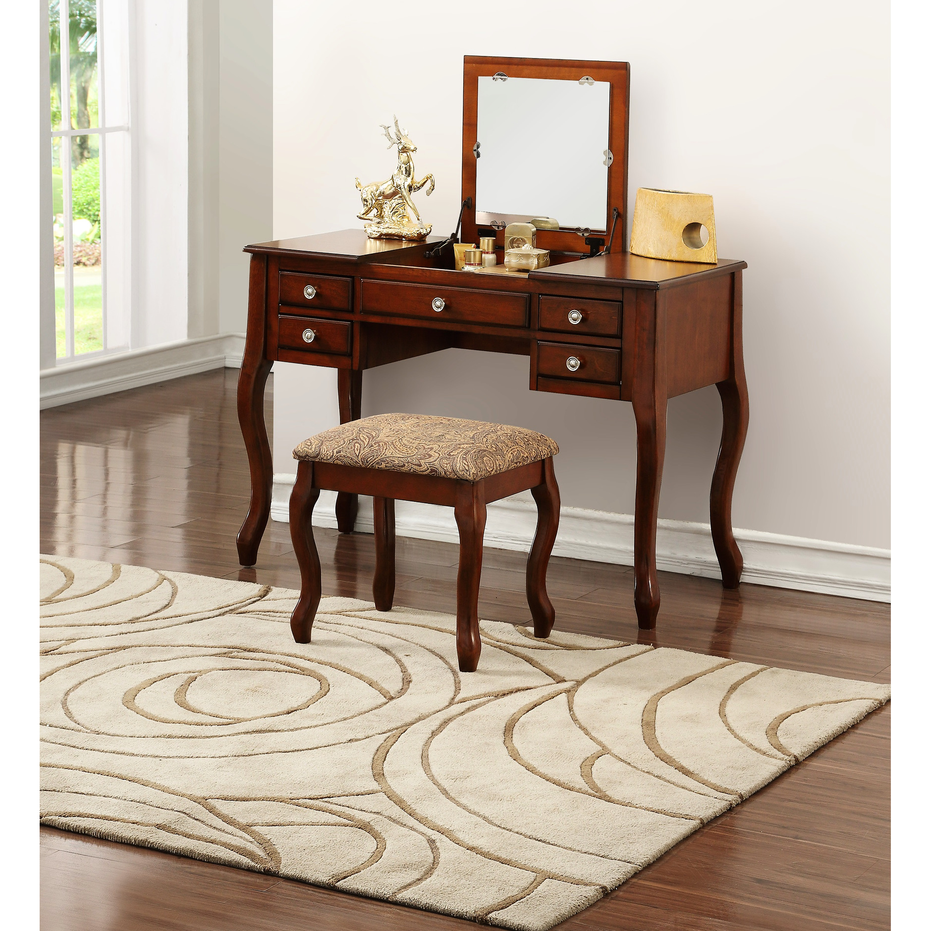 Classic Vanity And Stool , Cherry Color, Bedroom Furniture, Cushioned