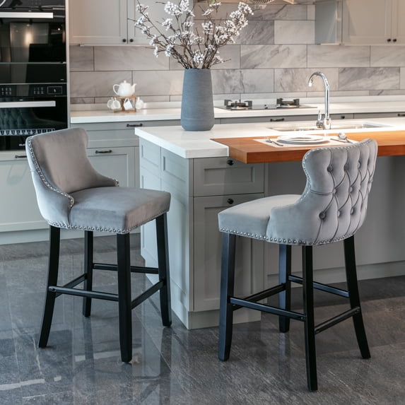 Classic Velvet Bar Stools set of 2, Upholstered Stools with Button Tufted Decoration, Wing-Back, Wooden Legs, Footrest, Goth Style Bar Chairs for Kitchen Island, Coffee Shop, Dining Room, Gray