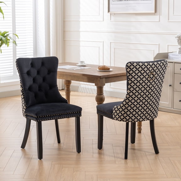 Classic Velvet Dining Chairs, High-end Tufted Solid Wood Contemporary Velvet Upholstered Dining Chair with Wood Legs Nailhead, SET OF 2,Black and Patterned,SW2201BK