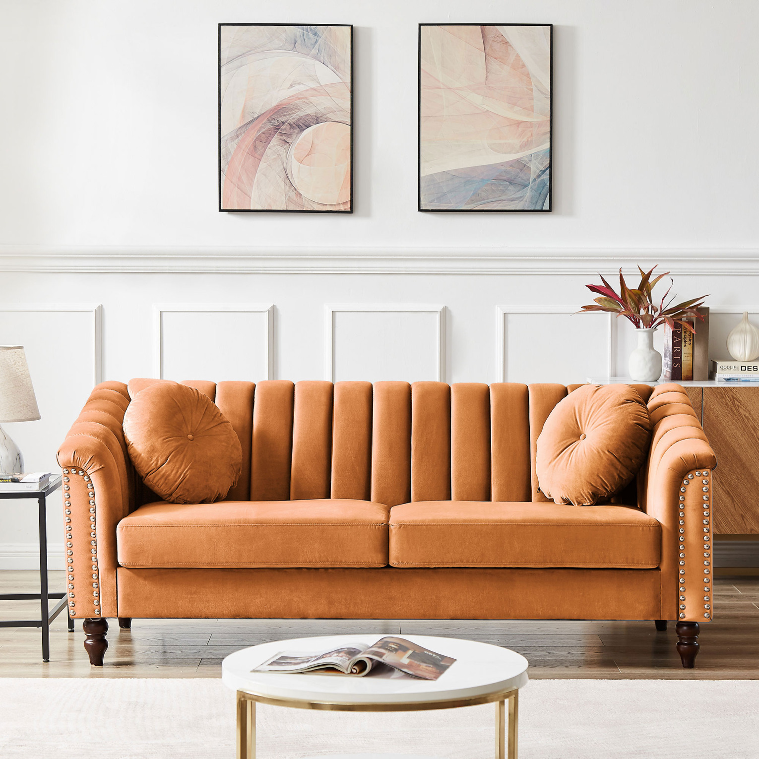 Vevlet Ribble Couch Classic Velvet Upholstered Sofa Couch with 2 Round Pillows, 3 Seat ...