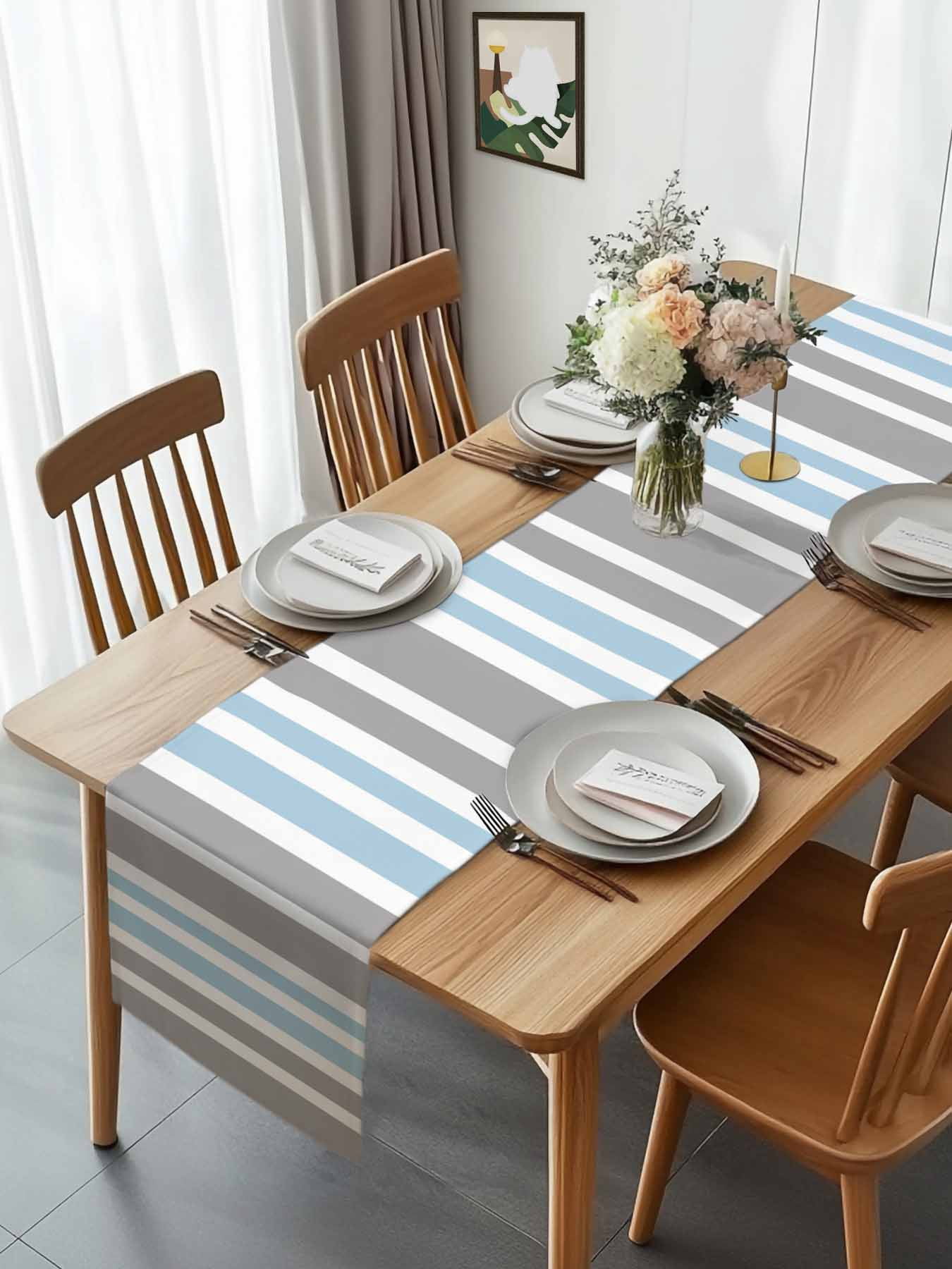 Classic Vertical Stripes Table Runner 90 Inches Long, Grey Blue White Table Runners Tabletop Scarf Kitchen Dining Tables Decoration for Home Party Indoor Outdoor