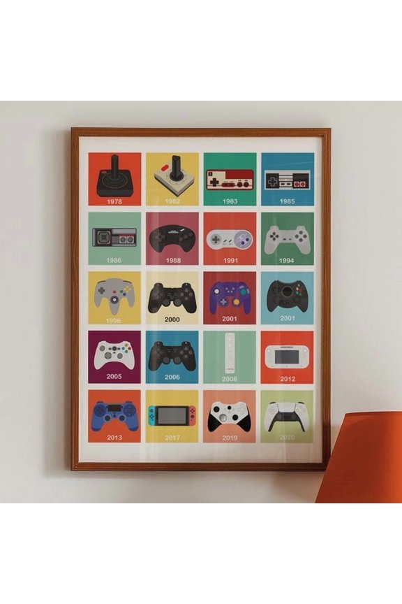 Classic Video Game Controllers Evolution Print Retro Gaming Poster Game Room Decor Gamer Video Game Controllers Print