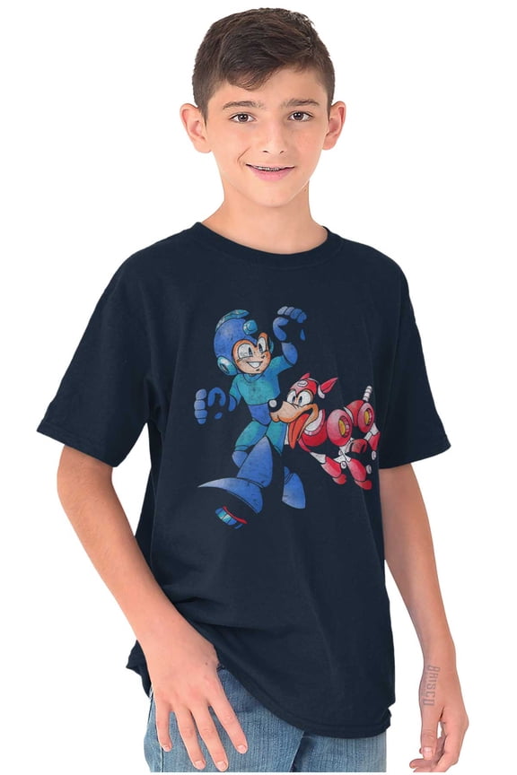 Classic Video Game Mega Man and Rush Crewneck T Shirts Boy Girl Teen Brisco Brands S