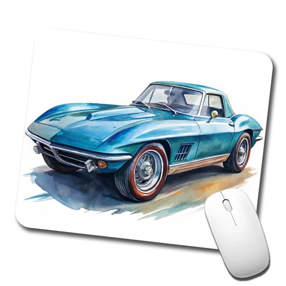 Classic Vintage Blue Sports Car Watercolor Mouse Pad Low Profile Gaming Mat