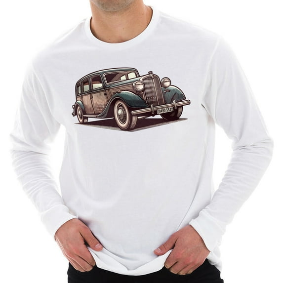 Classic Vintage Car Graphic Long Sleeve Crewneck Tee - White XL