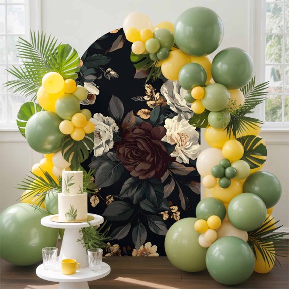 Classic Vintage Flowers Arch Backdrop Cover Stretchy Spandex Arch Cover 6ft, Retro Elegant Rose on Black Round Top Chiara Stand Covers for Wedding Birthday Party Ceremony Banquet