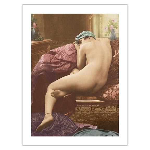 Classic Vintage French Figure on Couch - Hand-Colored Tinted Art - From a French Risque Postcard by SIC Photo Studio c.1910 - Bamboo Fine Art 290gsm Paper (Unframed) 12x16in