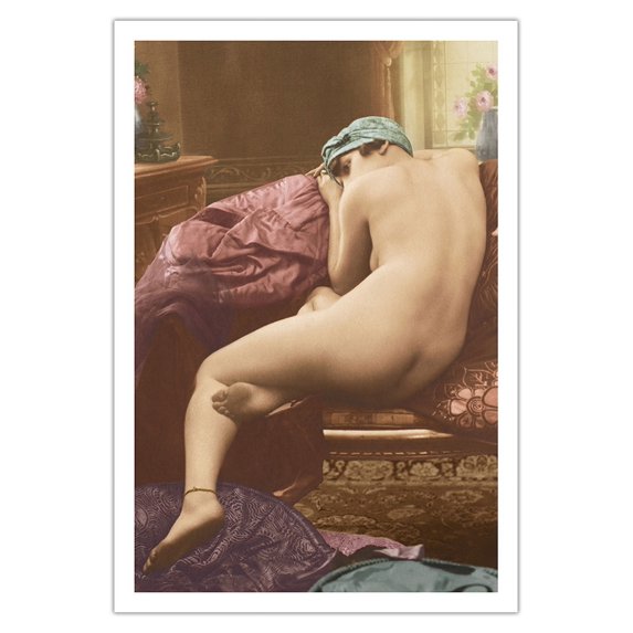 Classic Vintage French Figure on Couch - Hand-Colored Tinted Art - From a French Risque Postcard by SIC Photo Studio c.1910 - Fine Art Matte Paper Print (Unframed) 30x44in