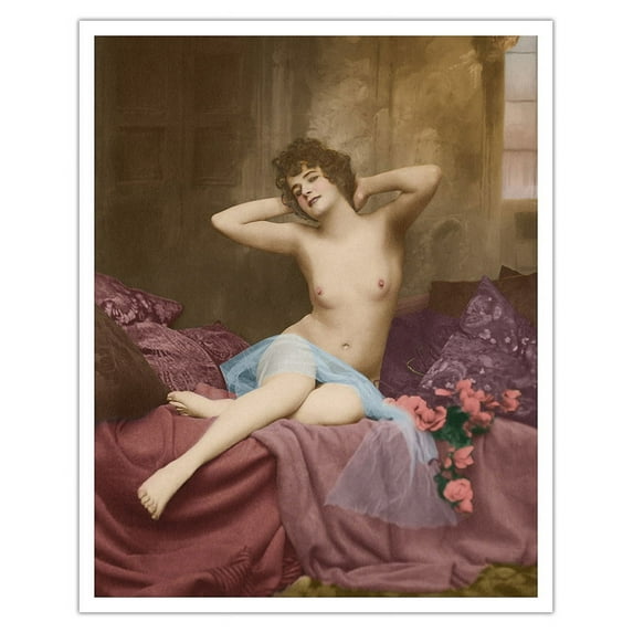 Classic Vintage French Figure Reclining - Hand-Colored Tinted Art - From a German Risque Postcard by NPG Studio c.1910s - Fine Art Matte Paper Print (Unframed) 16x20in