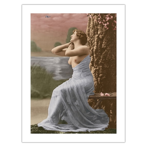 Classic Vintage French Figure by Tree - Hand-Colored Tinted Art - From a French Risque Postcard by Louis-Amédée Mante c.1910 - Bamboo Fine Art 290gsm Paper Print (Unframed) 18x24in