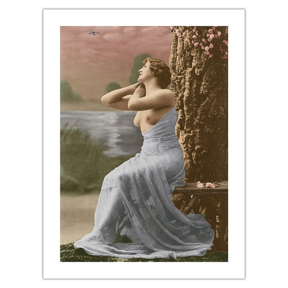 Classic Vintage French Figure by Tree - Hand-Colored Tinted Art - From a French Risque Postcard by Louis-Amédée Mante c.1910 - Fine Art Matte Paper Print (Unframed) 24x32in